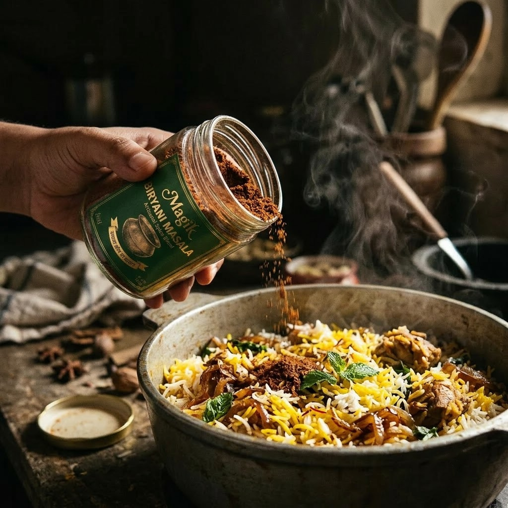 Hand sprinkling Magik Biryani Masala over a steaming pot of biryani