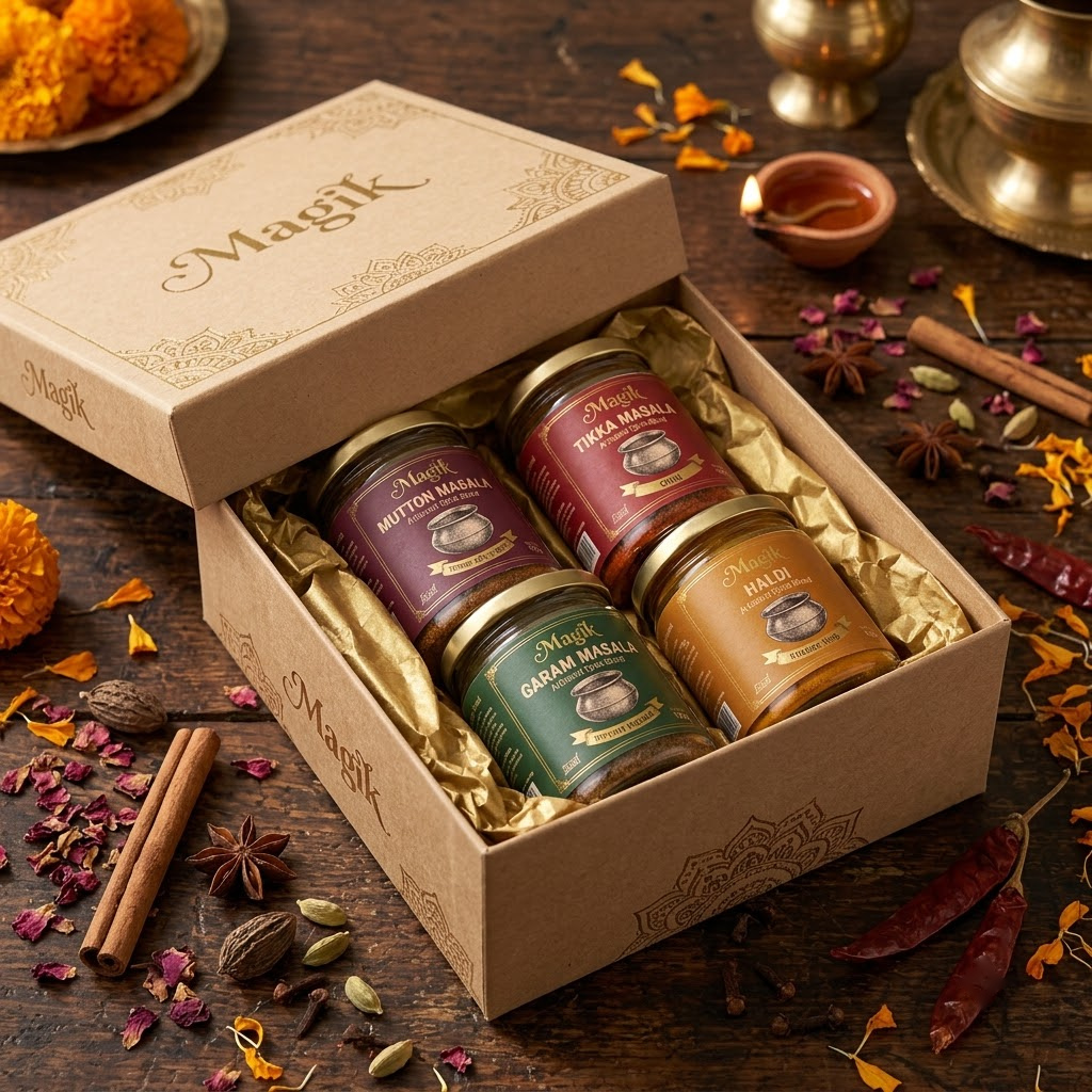 Magik Spices kraft gift box displayed on a festive wooden table