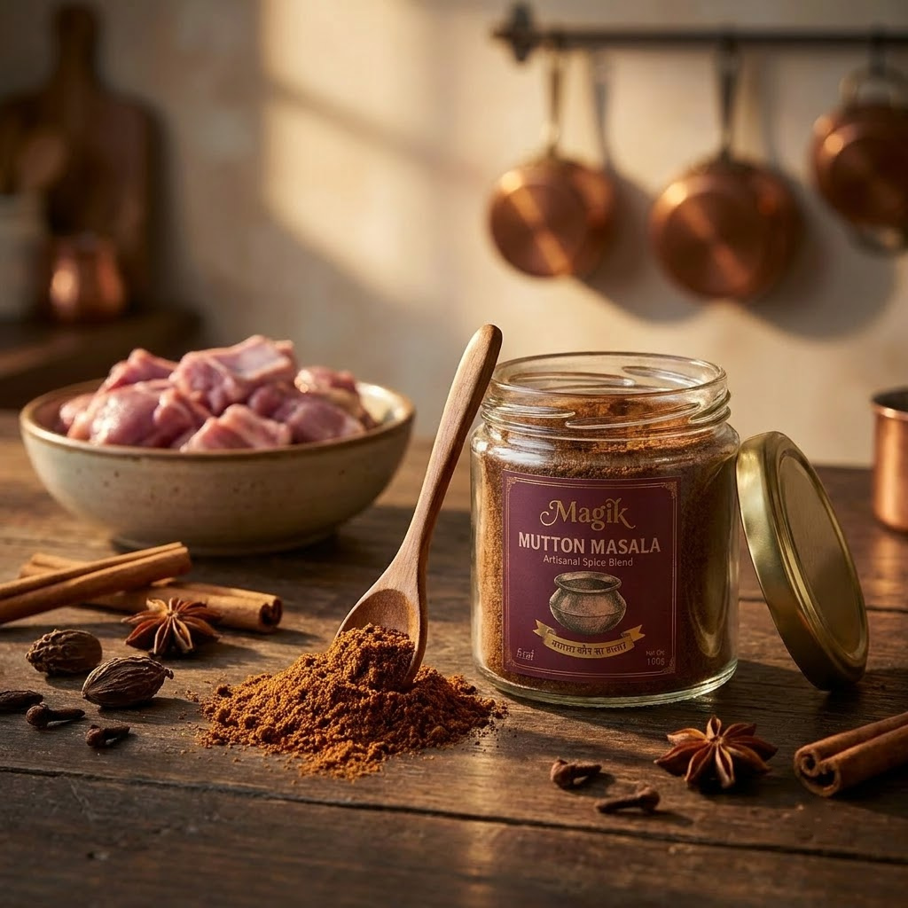Magik Mutton Masala glass jar beside a wooden spoon of rich spice blend